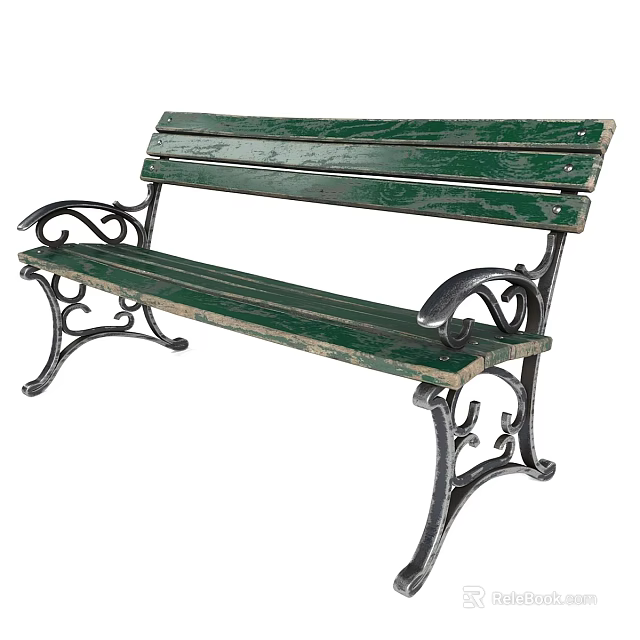 Vintage Green Wooden Outdoor Bench With Ornate Metal Frame And Classic Design 3d model 