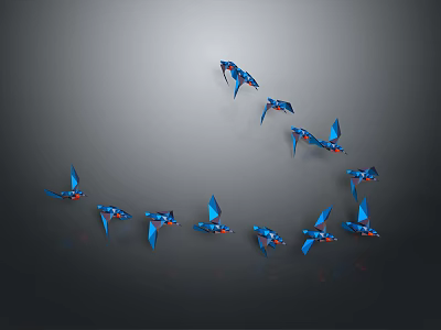 Blue and Red Flying Animals in Flight on Gray Background With Reflections 3d model