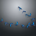 Blue and Red Flying Animals in Flight on Gray Background With Reflections 3d model