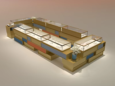 Elegant Jewelry Store Interior With Glass Display Cases Wooden Counters And Fresh Flower Decorations 3d model