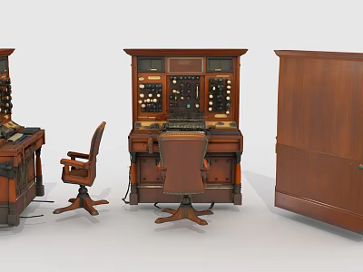 Vintage Wooden Desk And Chair Combination With Console And Drawers 3d model
