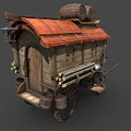 Rustic Vintage Wooden Cart With Red Roof And Two Wooden Barrels On Top