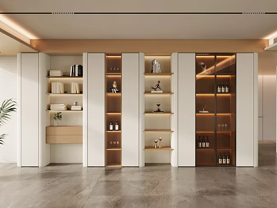 Modern Wine Cabinet Interior Design With Glass Doors LED Lighting And Wooden Shelves 3d model