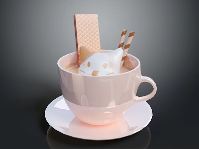 Tasty Hot Drink in Pink Cup Featuring Cat Shaped Marshmallow Striped Straws and Waffle 3d model