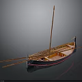 Traditional Wooden Watercraft With Oars Mast And Blue Red Hull Design