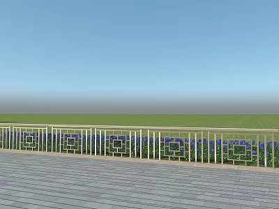 Patterned Metal Railing On Building Exterior Wall With Wooden Deck Green Grassland And Blue Sky 3d model