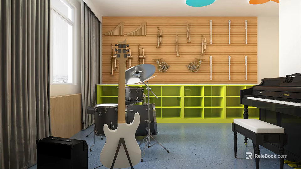 Kindergarten Music Room Interior with Wooden Wall Green Storage Cabinets Drum Set Guitar and Piano 3d model 