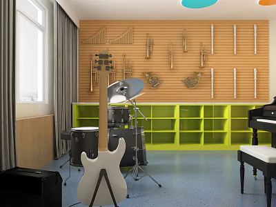Kindergarten Music Room Interior with Wooden Wall Green Storage Cabinets Drum Set Guitar and Piano 3d model