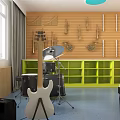 Kindergarten Music Room Interior with Wooden Wall Green Storage Cabinets Drum Set Guitar and Piano