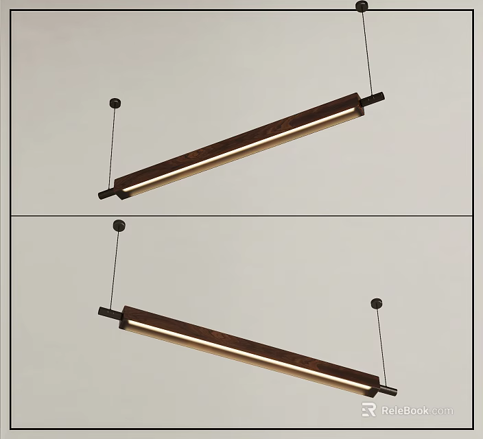 Modern Linear Hanging Pendant Light With Wooden Frame And Warm LED Glow 3d model 
