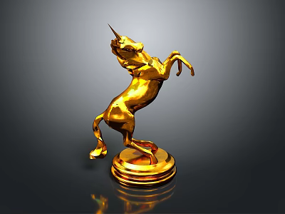 Golden Unicorn Decorative Statue In Rearing Stance With Shiny Pedestal Base 3d model