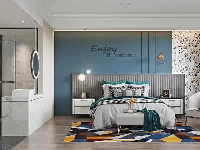 Modern Hotel Room Interior With Blue Wall Marble Bathroom Colorful Geometric Rug And Decorative Pillows 3d model