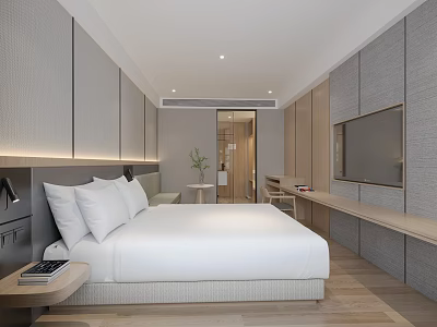 Hotel Room Modern Design With King Size Bed White Bedding And Wooden Flooring 3d model