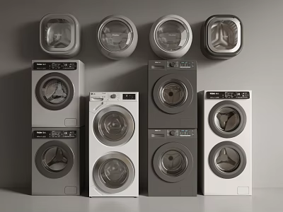 Modern Washing Machines in Gray and White with Various Styles Stacked and Standalone 3d model