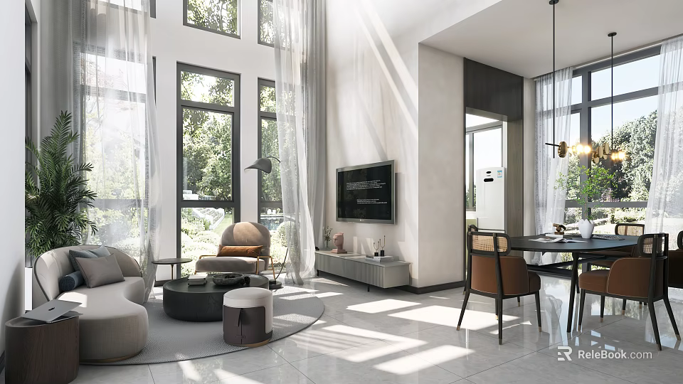 Modern Duplex Living Room Interior With Large Windows Natural Light And Sofa Setup 3d model