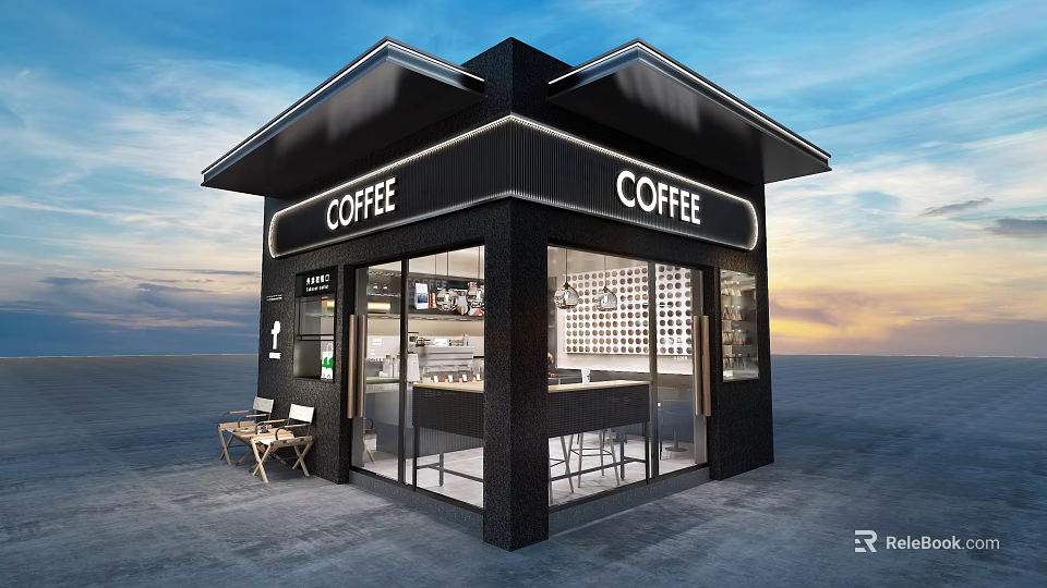 Modern Coffee Shop Exterior Design With Black Facade Glass Windows And Outdoor Seating 3d model 