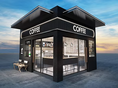 Modern Coffee Shop Exterior Design With Black Facade Glass Windows And Outdoor Seating 3d model