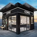 Modern Coffee Shop Exterior Design With Black Facade Glass Windows And Outdoor Seating