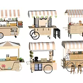 Functional Mobile Food Carts With Striped Awnings Wheels And Snack Displays