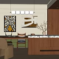 Modern Open Restaurant Interior With Wooden Dining Table Marble Countertop And Pendant Lights