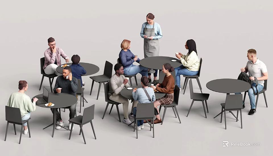 Group of People Dining Together at Round Tables in Cafe Setting with Chairs 3d model 