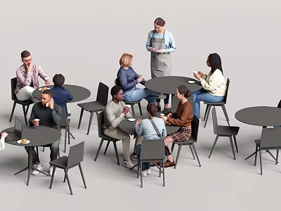 Group of People Dining Together at Round Tables in Cafe Setting with Chairs 3d model