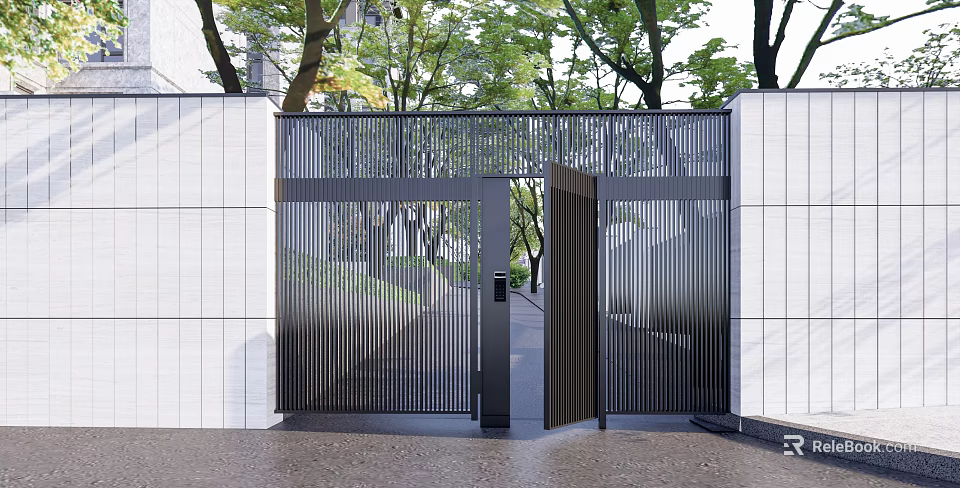 Modern Entrance Gate Design With Black Metal Slats White Wall And Green Trees 3d model 