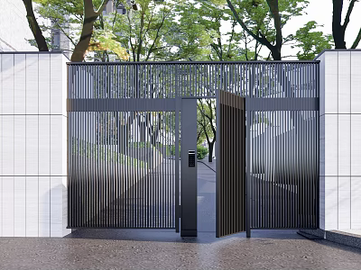Modern Entrance Gate Design With Black Metal Slats White Wall And Green Trees 3d model