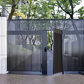 Modern Entrance Gate Design With Black Metal Slats White Wall And Green Trees