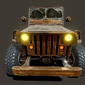 Classic Old Rusty Vintage Jeep With Bright Headlights And Big Tires