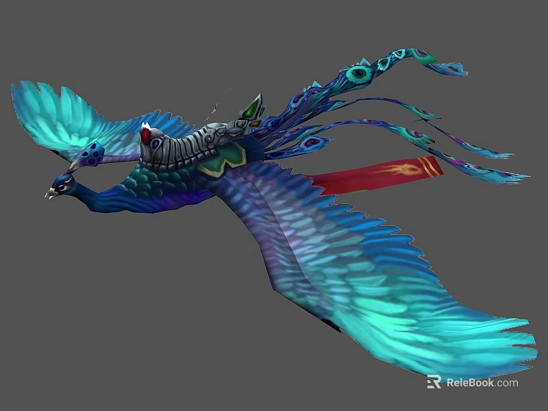 Blue Phoenix With Green Feathers Spreading Wings Saddle On Back And Red Streamers Flying 3d model 