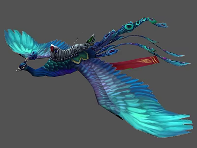 Blue Phoenix With Green Feathers Spreading Wings Saddle On Back And Red Streamers Flying 3d model