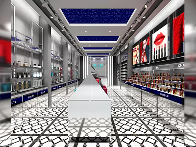 Modern Luxury Boutique Interior With Glass Display Shelves Patterned Flooring And Lighting Fixtures 3d model