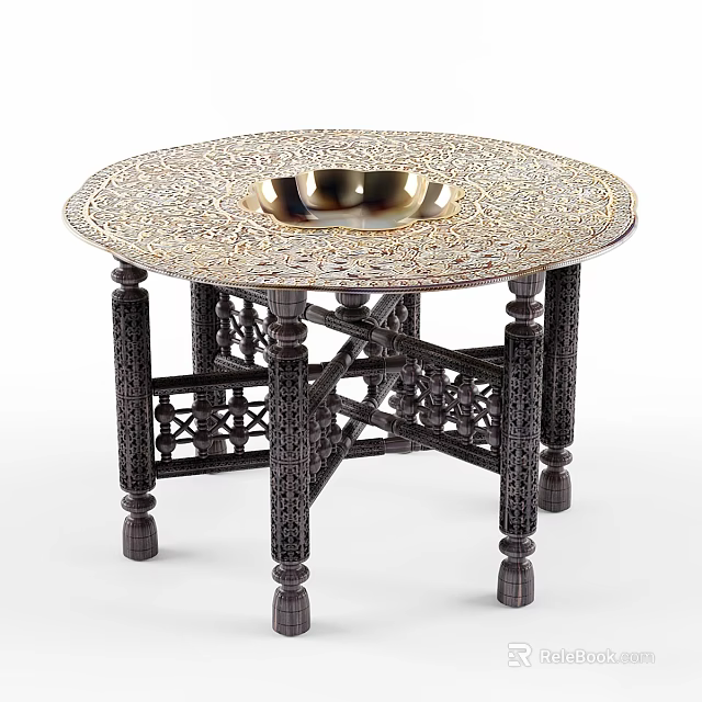 Round Dark Wooden Dining Table With Intricate Carved Legs And Golden Bowl Centerpiece 3d model 