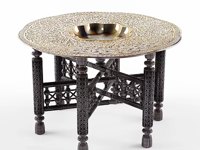 Round Dark Wooden Dining Table With Intricate Carved Legs And Golden Bowl Centerpiece 3d model
