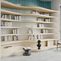 Modern Curved Bookcase With Teal Textured Wall Numerous Books And Decorative Objects 3d model