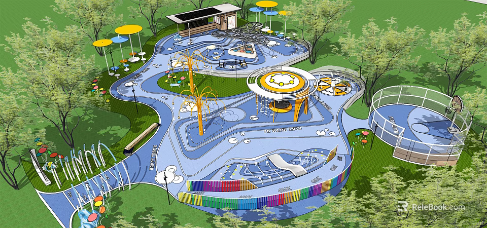 Residential Landscape Design With Colorful Play Area Slides Umbrellas And Green Trees 3d model 