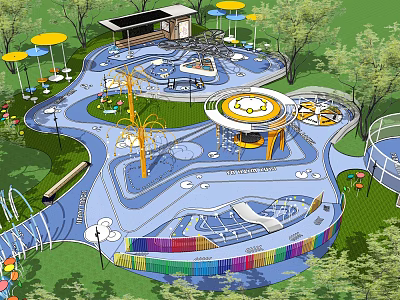 Residential Landscape Design With Colorful Play Area Slides Umbrellas And Green Trees 3d model