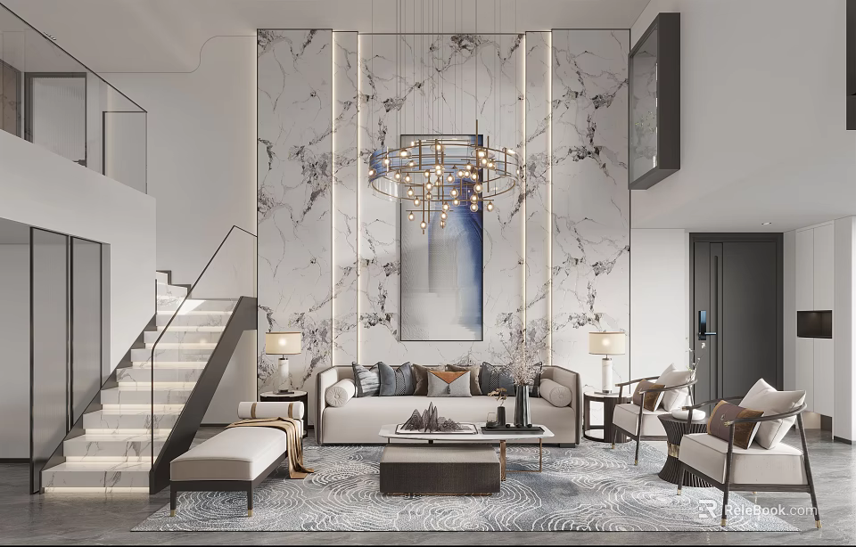 Duplex Living Room Interior With Marble Wall Chandelier Staircase And Sofa 3d model 