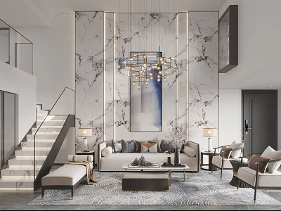 Duplex Living Room Interior With Marble Wall Chandelier Staircase And Sofa 3d model