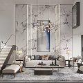 Duplex Living Room Interior With Marble Wall Chandelier Staircase And Sofa