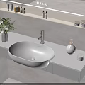 Modern Minimalist Bathroom With Wall-mounted Countertop White Sink Vase And Skincare Shelf