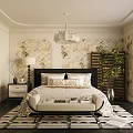 Classic Bedroom Interior Design With Floral Wallpaper Bed Bench Nightstand And Chandelier