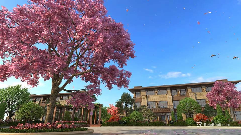 Garden Landscape With Pink Flowering Tree Blue Sky Falling Petals Building Greenery And Flower Beds 3d model 