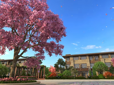 Garden Landscape With Pink Flowering Tree Blue Sky Falling Petals Building Greenery And Flower Beds 3d model