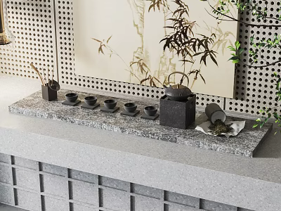 Elegant Tea Set With Black Teapot Small Teacups Bamboo Decoration On Gray Countertop 3d model