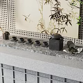 Elegant Tea Set With Black Teapot Small Teacups Bamboo Decoration On Gray Countertop