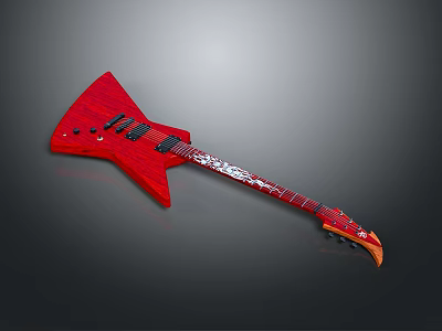 Red Electric Guitar With Sharp Edged Body And Patterned Neck For Home Use 3d model