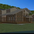 Modern Detached Villa Exterior With Stone Walls Large Windows Wooden Deck And Green Lawn