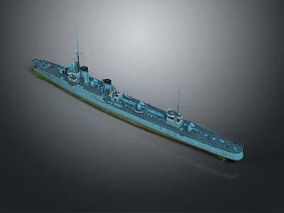 3D Model of Blue Warship Water Vehicle With Turret Mast and Detailed Structure 3d model